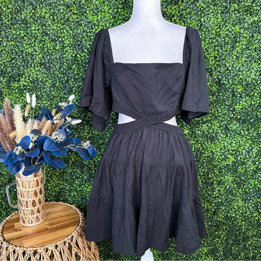NWT Free People Cross‎ Of Sunlight Mini Dress Cutout Waist  Black linen blnd - Picture 8 of 14